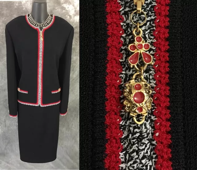 BEAUTIFUL St John Collection knit jacket black red white suit blazer size 16