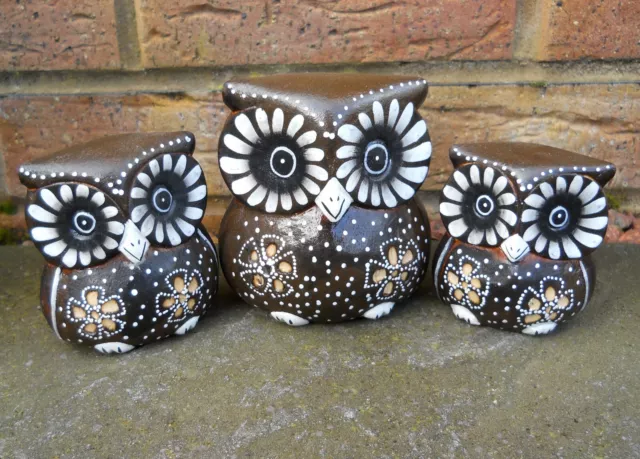 Carved Wooden Set of 3 Lovely OWL Coloured Figure 10 / 8 /6 cm Home Decoration