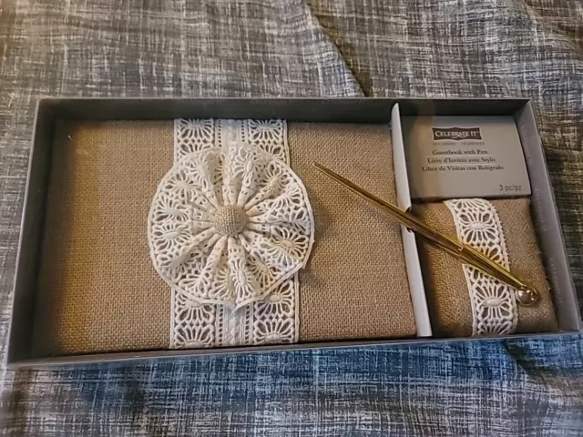 rustic burlap lace Wedding guest book 3 piece set celebrate it with pen lace