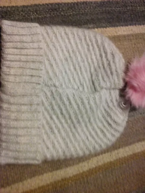 Fashion Ladies Womens Winter Knitted Beanie Ski Hat Faux Fur Pom Pom Pink/Grey 3