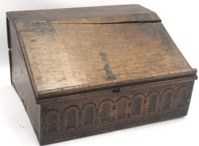 Antique 18th Century Bible Box Hand-Carved Sold Oak with Sloped Lid 54cm - N44
