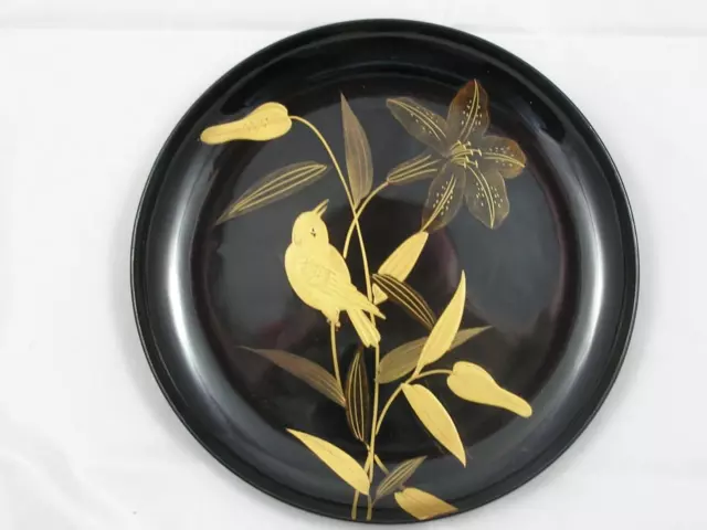 Antique Japanese lacquer plate with bird and flower 1900-20 handpainted #4122H