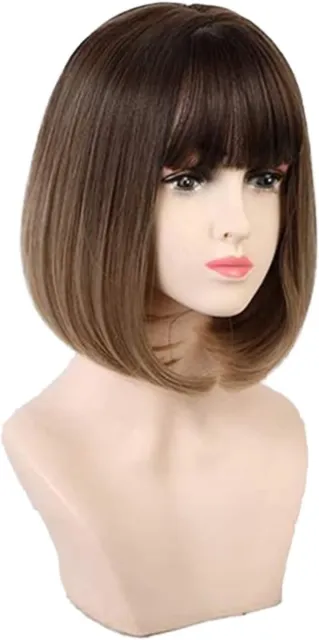 Brown Bob Wig with Bangs, Short Straight Brown Wigs for Women, Synthetic Heat