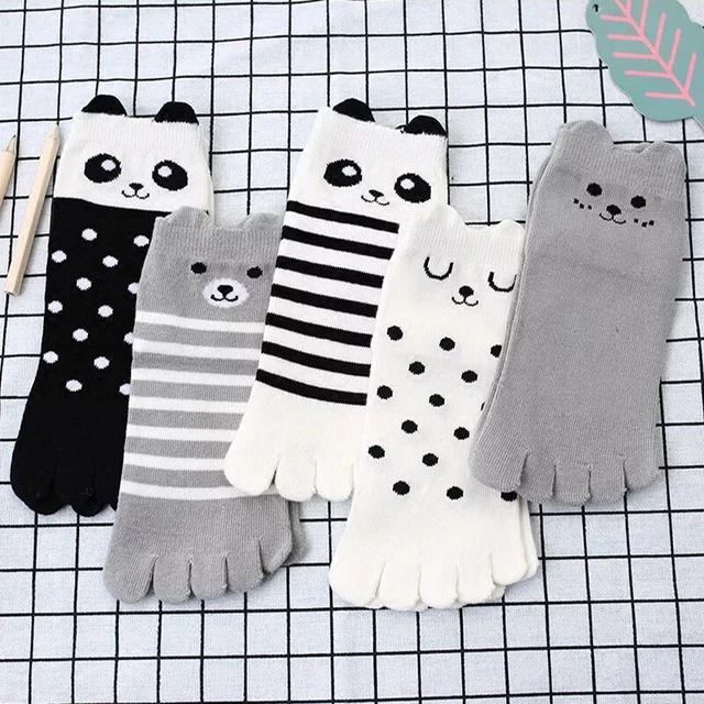 5 Paia Bambini Dita Calzini Panda Stampato Pois Righe Cotone Cinque Carino