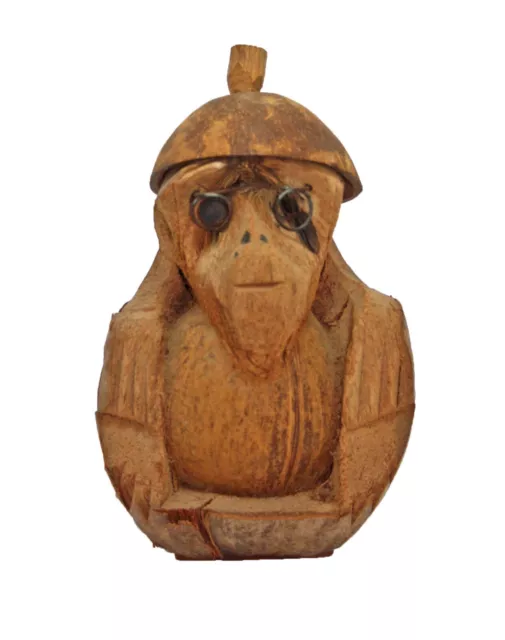 Vintage Coconut Monkey Glasses Removable Hat Hat Pin Hand Carved Tiki Island