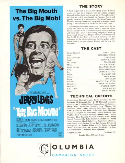 JERRY LEWIS - Original Vintage British Press Sheet from THE BIG MOUTH 1967