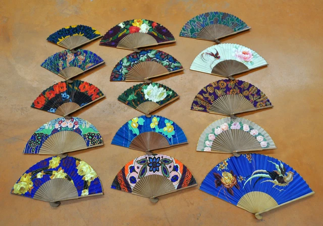 Lote De 15 Abanicos País Pintados A Mano Sobre Tela, Varillaje De Madera