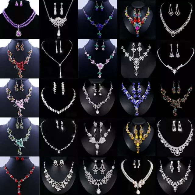 Fashion Crystal Pendant Bib Choker Chain Statement Necklace Earrings Jewelry Set