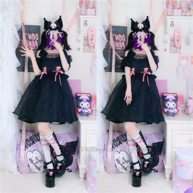 Japan Anime KUROMI Lolita Lace Bowknot Cosplay Comic-con Dress Suspenders Skirt