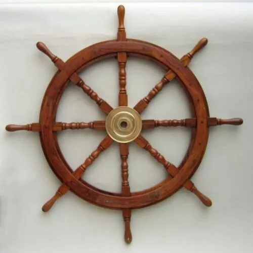 36" Wooden Brass Hub Nautical Boat Steering Pirate Wall Décor Big Ship Wheel