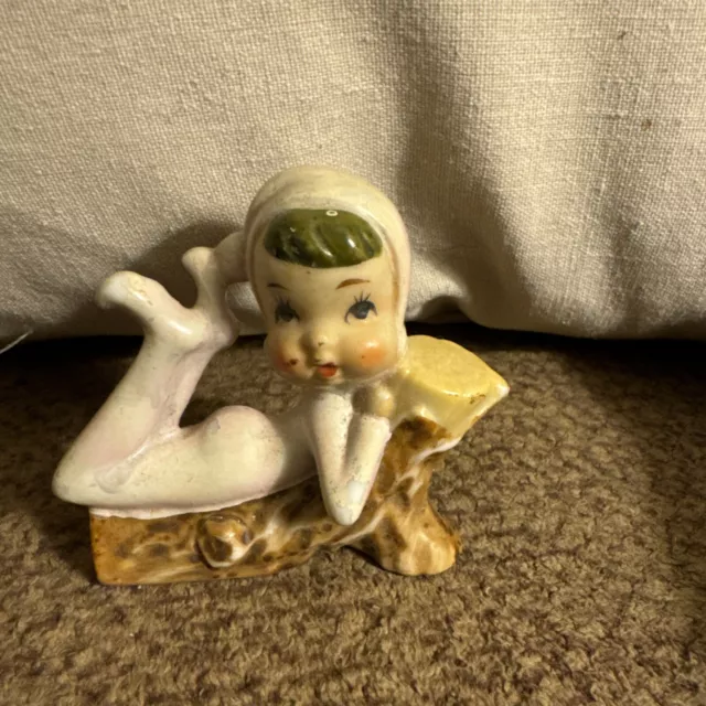 Vintage Pixie Elf  Figurine Laying on Log Japan Mid-Century