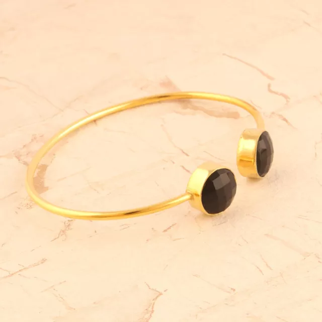 Double Round Black Onyx Gemstone Yellow Gold Plated Adjustable Bangle For Her 2