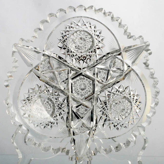 American Brilliant Cut Glass Bowl Signed Libbey Hobstars and Fans Antique 1900