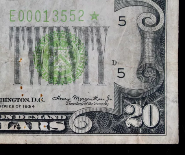 $20 1934 Star light green FRN E00013552* plain series, twenty dollar, Richmond
