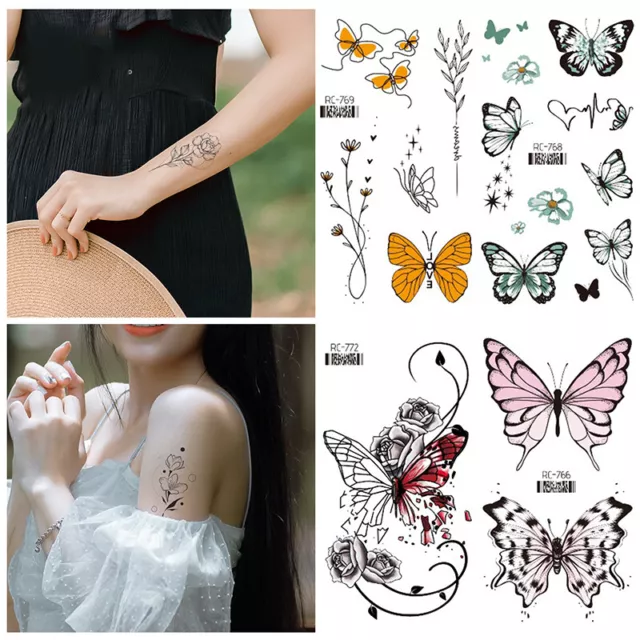 Resistente Al Agua Tatuaje Pegatina Mariposa Flor Pegatinas Tatuaje Retro "