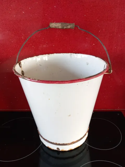 Vintage 11" White/ Red Trim Enamel Bucket.Wooden Handle 1930s.GARDEN.Used.