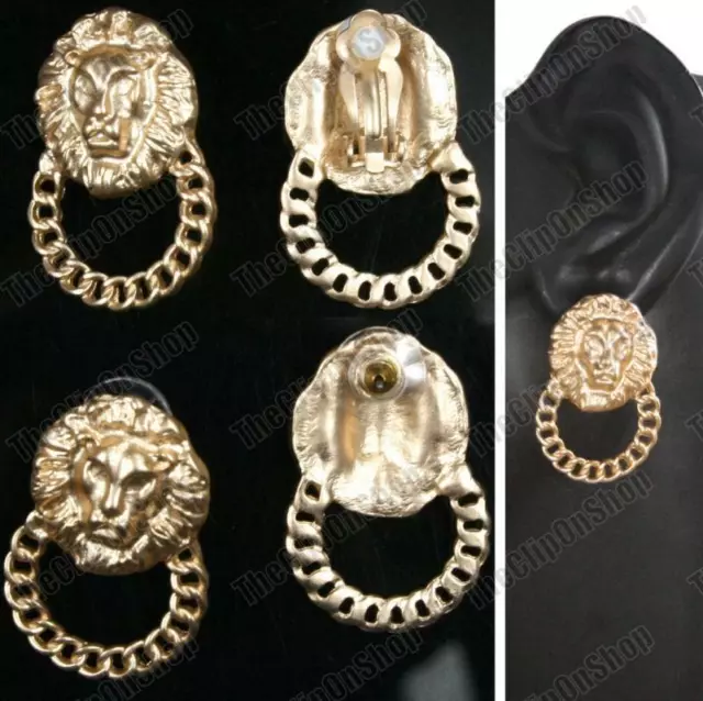 CLIP ON EARRINGS lion heads GOLD TONE vintage retro chunky DOOR KNOCKER hoops