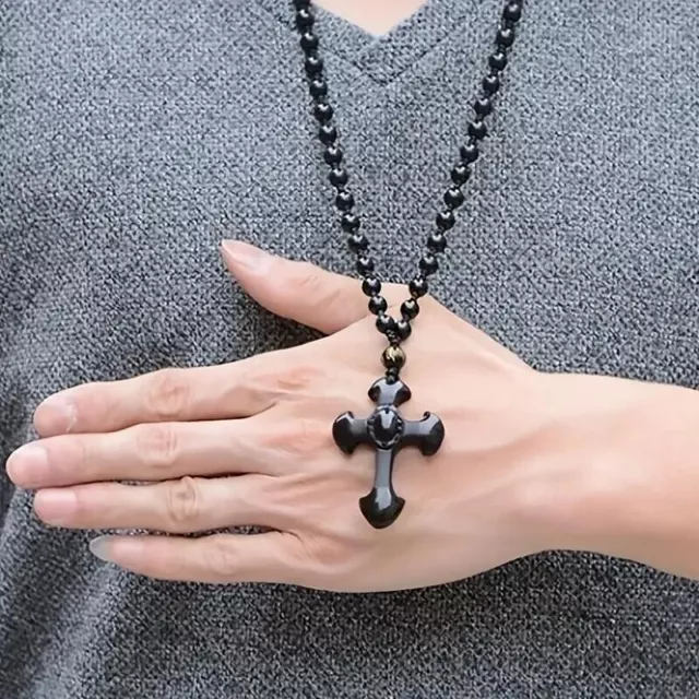 Classic Men Women Fashion Obsidian Pendant Necklace Cross Religious Amulet Gift