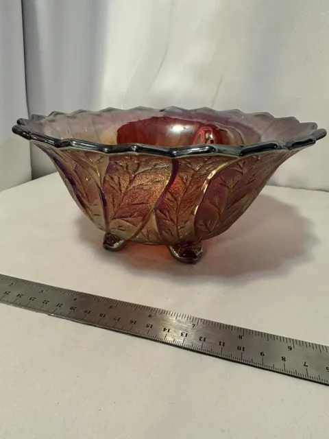 Large Imperial Red Iridescent Carnival Acanthus Leaf 4-Footed Bowl