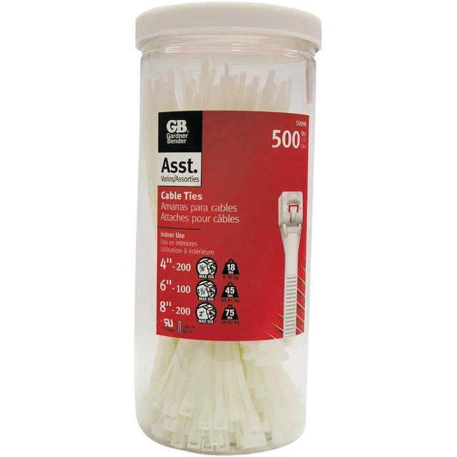 Surtido de corbatas de cables naturales de nailon autobloqueantes Gardner Bender (500 piezas)
