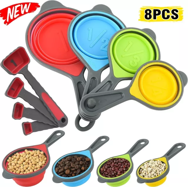 New 8x Stainless Steel Measuring Cups Spoons Kitchen Baking Cooking Tools Set