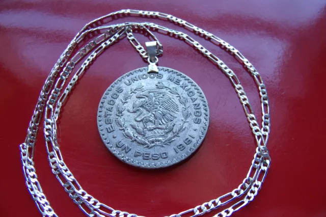 1961 Mexico Silver Peso Coin Pendant on a 24"  925 ITALIAN Sterling Silver Chain