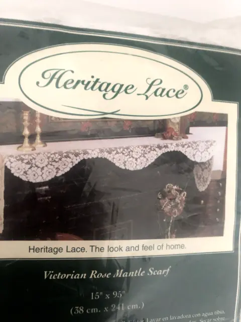 New HERITAGE LACE White VICTORIAN ROSE MANTLE SCARF 15X95 VR-1595MSW Scalloped a 2