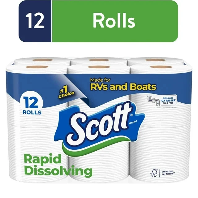 SCOTT RAPIDDISSOLVING TOILET Paper for RVs & Boats, 12 Double Rolls