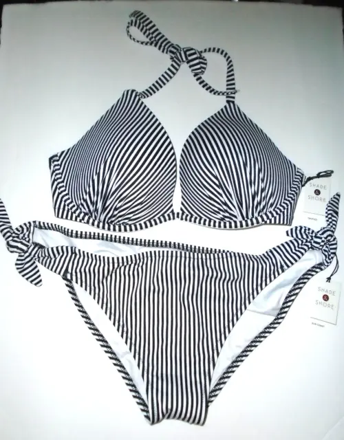 Shade & Shore Black & White Stripe Swim suit Bikini set 38D  Bottom XL Bathing