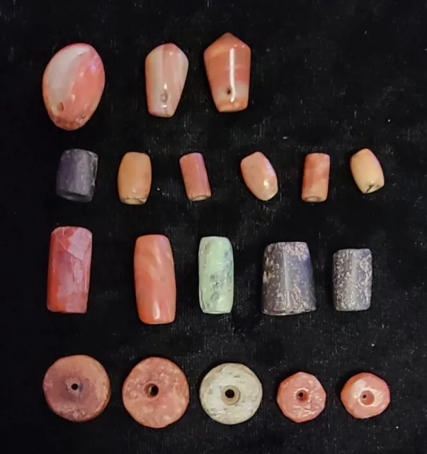 Primitive Stone Money/Trade Bead Collection w/Small Riker Display Case 19 Pieces