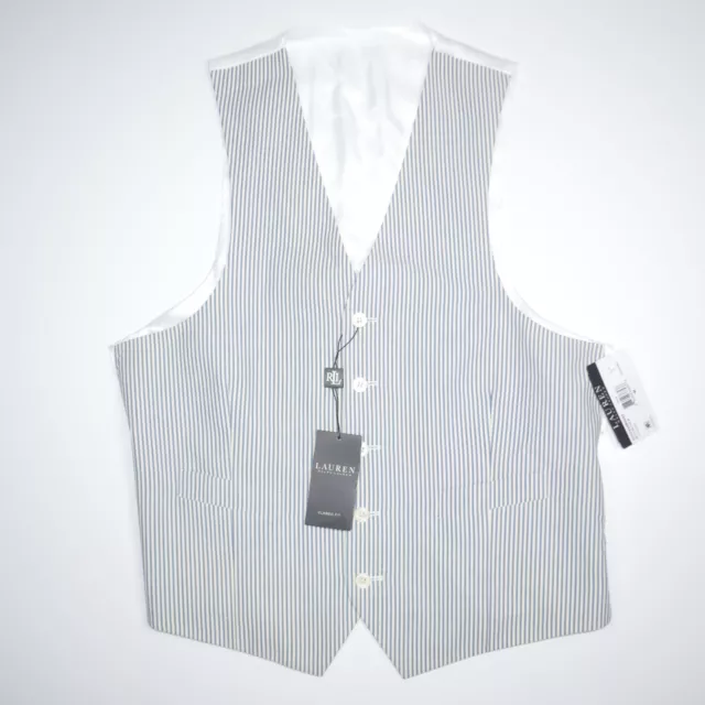 NWT RALPH LAUREN Classic Fit Seersucker Cotton Blue Cream Suit Dress Vest Sz M