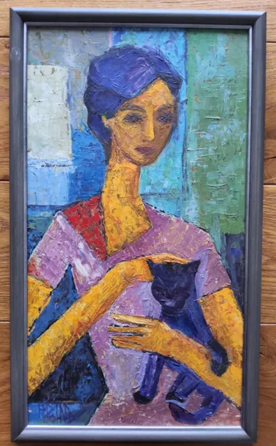 Wunderschönes Gemälde Expressionismus -  Ölgemälde Frau mit Katze