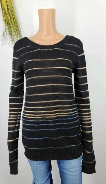 10 Crosby Derek Lam Sweater Pullover Scoop Back Black Stripe Linen Blend Size L