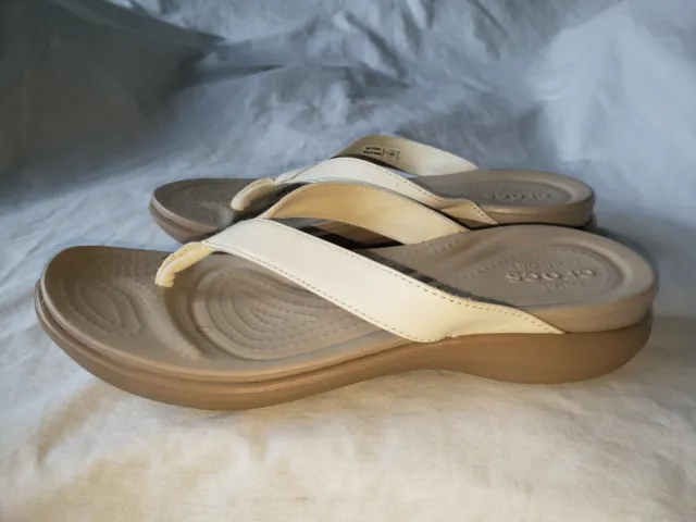 Crocs Capri White Leather Tan Brown Slide Strappy Flip Flop Thongs Sandal Shoe 6
