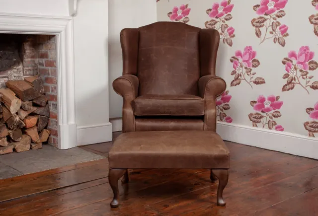Chesterfield Queen Anne High Back Wing Chair & Footstool in  Brown Leather
