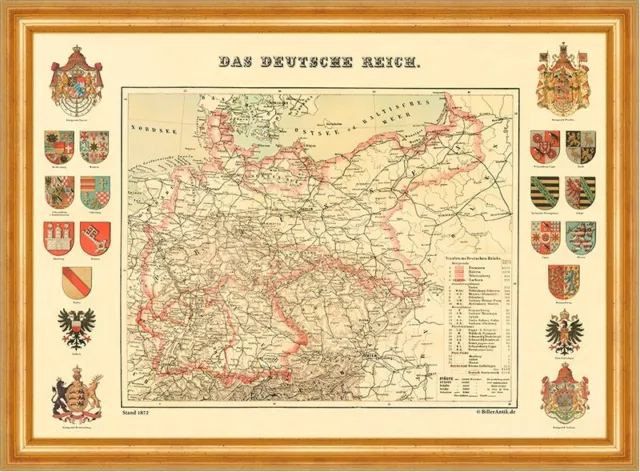 Das deutsche Reich Karte von 1872 & 20 Wappen Königreich Preußen 16 A3 Gerahmt
