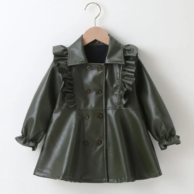 Ragazze PU pelle Abito Increspatura Giacca Casual Manica Lunga Bottoni Cappotto