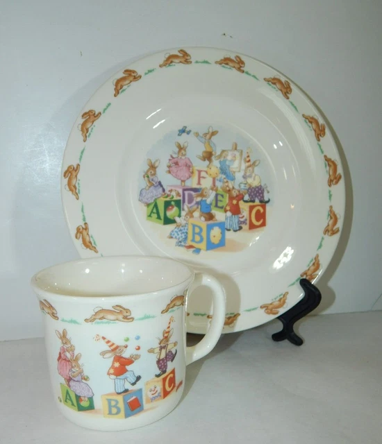 VTG Royal Doulton Bunnykins Nursery Set 2 pc Plate & Cup ABC's Bone China NIB EX