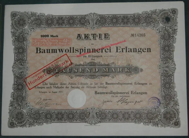 Baumwollspinnerei Erlangen 1921 1000 Mark