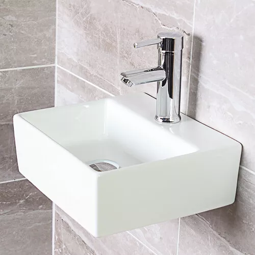 BASIN SINK WHITE Square Ceramic Small Modern Cloakroom Basin Wall Hung