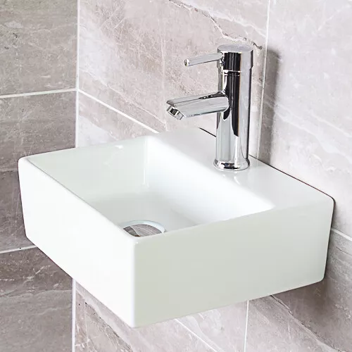 Modern white Square Ceramic Small Cloakroom Basin Wall Hung Corner Sink 335x295