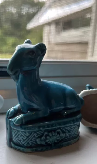 Vtg Pair Of Chinese Mudman Ram/Goats In Turquoise On Plinth, Unmarked￼, @ 2”