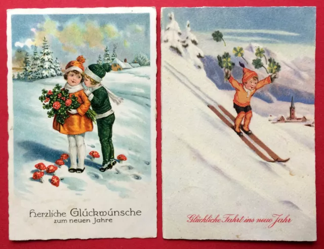 2 x Glückwunsch AK NEUJAHR 1931 Kind auf Ski Kinder   ( 7242