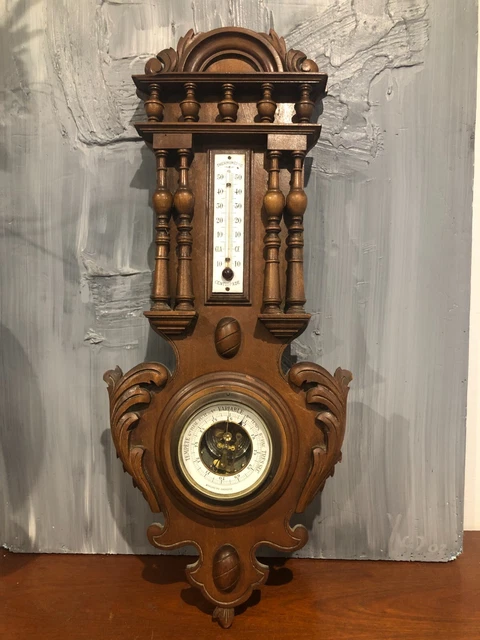 Baromètre-thermomètre En Bois Ancien – Instrument Météo Anéroïde, France