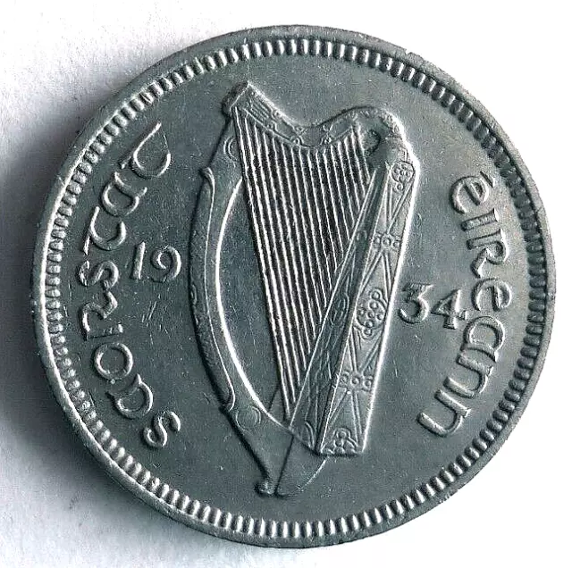 1934 IRELAND 3 PENCE - AU - Excellent Coin - FREE SHIP - Bin #707
