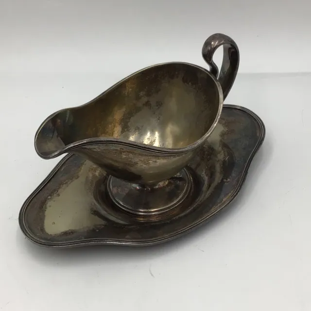 Vintage Silver Plated Gravy Boat With Handle And Tray 5445