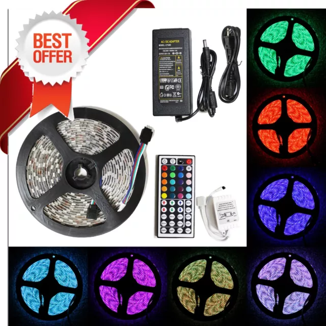 5M SMD RGB 5050 Waterproof 300 LED Strip Light 44 Key Remote 12V 5A Power Kit