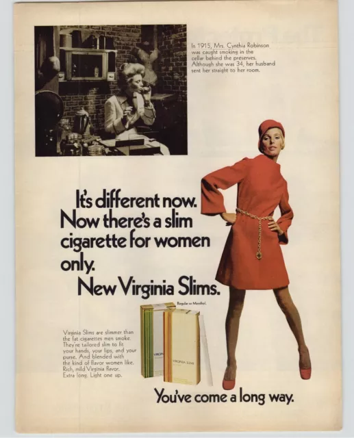 1968 Virginia Slims Filter Cigarettes Vintage Print Ad Pretty Lady Red Dress Pic