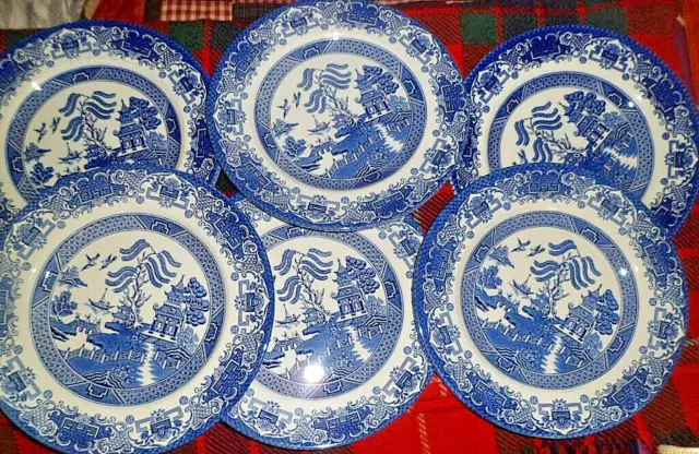 6 x English Ironstone Tableware Old Willow Blue & White Dinner Plates 25 cm