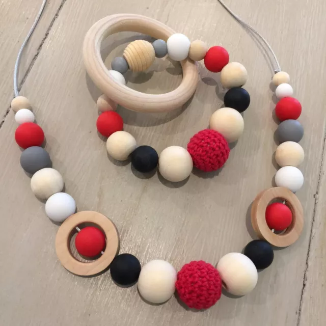 Nursing Necklace & Teether Gift Set, BPA Free Silicone, Organic Wood,Sensory Red